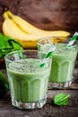 Healthy green smoothie with banana, avocado, spinach and chia seeds in glass