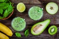 Healthy green smoothie with banana, spinach, avocado and chia seeds in glass jars Royalty Free Stock Photo