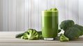 a healthy green smoothie, featuring broccoli, elegantly presented in a glass on a white wood background. The composition