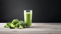 a healthy green smoothie, featuring broccoli, elegantly presented in a glass on a white wood background. The composition