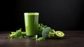 a healthy green smoothie, featuring broccoli, elegantly presented in a glass on a white wood background. The composition