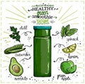 Healthy green smoothie recipe with ingredients, raw vegetables cocktail ingredients sketch