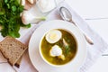 Healthy green soup of sorrel and nettle with boiled egg and sour cream in a white bowl. traditional Russian cuisine. top view Royalty Free Stock Photo