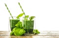 Healthy green spinach leaves smoothie in transparent glass