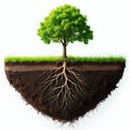 Healthy green tree grows from fertile soil layer with fresh green grass on top. Complex root system spreads deep in brown dirt. Royalty Free Stock Photo