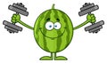 Healthy Green Watermelon Fresh Fruit Cartoon Mascot Character Training With Dumbbells