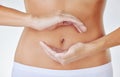 A healthy gut comes from unified bacteria. a woman cupping her hands above her belly against a studio background.