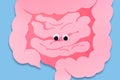 Healthy gut. Cute cartoon intestine with eyes. Healthy intestinal digestion concept, colon cancer screening, intestinal disease