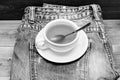 Healthy habits. Tea time concept. Cup mug hot water and bag of tea. Mug filled boiling water and tea bag on blue jeans