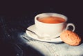 Healthy habits. Tea time concept. Cup mug hot water and bag of tea. Mug filled boiling water and tea bag on blue jeans Royalty Free Stock Photo