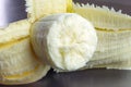 Healthy half banana, peeled, texture highlighted by macro view Royalty Free Stock Photo