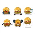 A healthy hamburger gummy candy cartoon style trying some tools on Fitness center