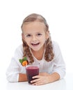 Healthy happy girl with fresh beetroot juice Royalty Free Stock Photo