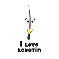 Healthy and happy hair holding drop of keratin. Beauty and care. Trichology. Hand drawn cute cartoon design