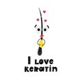 Healthy and happy hair holding drop of keratin. Beauty and care. Trichology. Hand drawn cute cartoon design