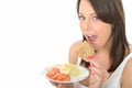 Healthy Happy Natural Young Woman Eating a Plate of Norwegian Style Breakfast