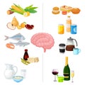 Healthy and Harmful Food for Brain Vector Set. Nutrition for Good and Bad Memory Function Royalty Free Stock Photo