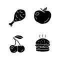 Healthy and harmful nutrition glyph icons set. Junk food and organic snacks silhouette symbols. Chicken leg, ripe apple Royalty Free Stock Photo