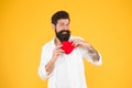 Healthy heart. Man bearded hipster hold red heart. Health care concept. Check helps understand risk factors for heart