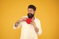Healthy heart. Man bearded hipster hold red heart. Health care concept. Check helps understand risk factors for heart