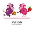 Healthy heart and unhealthy heart character. Danger of smoking a Royalty Free Stock Photo