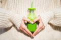 Healthy heart. Woman holding bottle with green smoothie. Healthy body and life Royalty Free Stock Photo