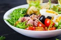 Healthy hearty salad of tuna, green beans, tomatoes, eggs, potatoes, black olives Royalty Free Stock Photo