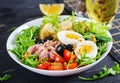 Healthy hearty salad of tuna, green beans, tomatoes, eggs, potatoes, black olives