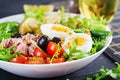 Healthy hearty salad of tuna, green beans, tomatoes, eggs, potatoes, black olives Royalty Free Stock Photo