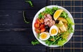 Healthy hearty salad of tuna, green beans, tomatoes, eggs, potatoes, black olives Royalty Free Stock Photo