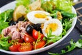 Healthy hearty salad of tuna, green beans, tomatoes, eggs, potatoes, black olives Royalty Free Stock Photo