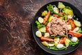 Healthy hearty salad with tuna, green beans, tomatoes, eggs, potatoes and black olives in a plate. Dark background. top view. Copy Royalty Free Stock Photo