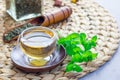 Healthy herbal mint tea in oriental glass cup with fresh peppermint and tea scoop on background, copy space Royalty Free Stock Photo