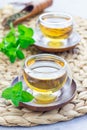 Healthy herbal mint tea in oriental glass cup with fresh peppermint and tea scoop on background Royalty Free Stock Photo