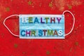 Healthy Holidays Christmas and New Year concept banner during coronavirus COVID-19 time. Top view of disposable protective face