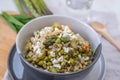 Healthy home made barley soup with spring vegetables, wild garlic and asparagus Royalty Free Stock Photo