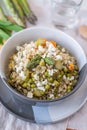 Healthy home made barley soup with spring vegetables, wild garlic and asparagus Royalty Free Stock Photo