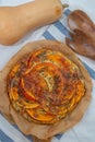 Home made pumpkin quiche lorraine on a table Royalty Free Stock Photo