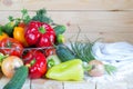 Healthy homegrown food. Fresh organic vegetables in wicker basket on wooden table. Royalty Free Stock Photo