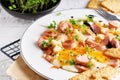 Healthy homemade breakfast. eggs with sausages , spices ,arugula served in a plate Royalty Free Stock Photo