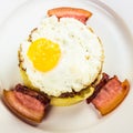 Healthy homemade breakfast. fried egg and meat patty on top of smashed potato, decorated with bacon. food isolated on the white