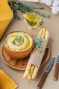 Healthy homemade creamy hummus with olive oil, rosemary and crispbread. Healthy food concept Royalty Free Stock Photo