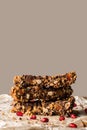 healthy homemade muesli bar with cereals, chocolate and pomegran Royalty Free Stock Photo