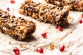 healthy homemade muesli bar with cereals, chocolate and pomegran Royalty Free Stock Photo