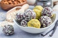 Healthy homemade paleo chocolate energy balls on plate, horizontal