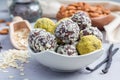 Healthy homemade paleo chocolate energy balls on plate, horizontal