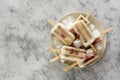 Healthy homemade popsicle loly ice creams with strawberries, blueberries and bananas. Summer dessert Royalty Free Stock Photo