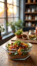 Healthy homemade roasted pumpkin salad with fresh herbs in a sunlit kitchen setting Royalty Free Stock Photo