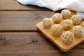 Healthy homemade sweet energy balls of dried fruits and nuts in coconut. The composition of dried apricots, raisins, figs, dates, Royalty Free Stock Photo