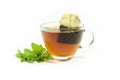 Healthy hot drink, herbal tea bag in a glass cup and a few fresh peppermint leaves isolated on a white background